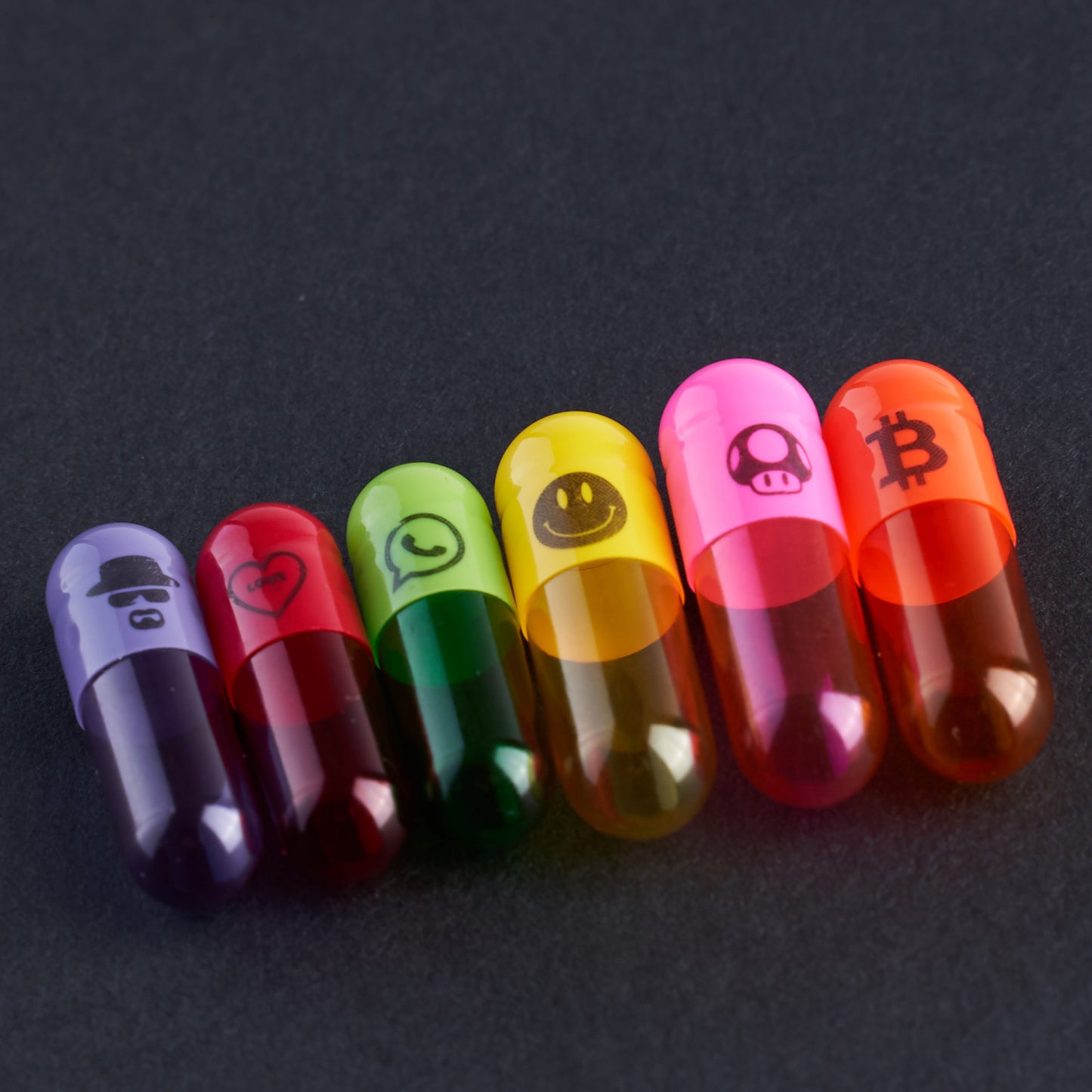 Smiley, Bitcoin, Mushroom, Hiesenberg, WhatsApp, Love Hearts | 6x 100 Empty Capsules